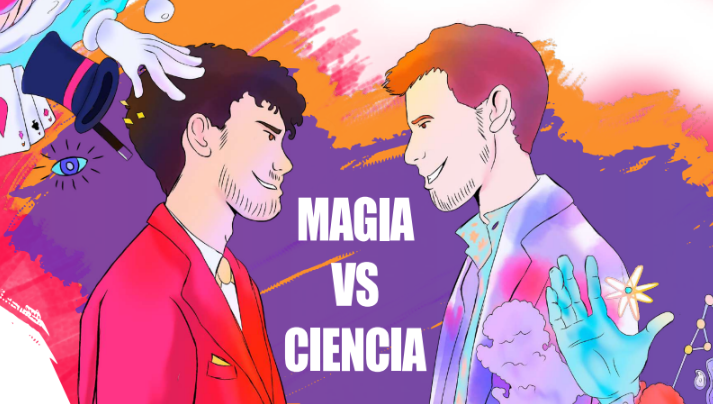 Ilustración del espectáculo Magia vs Ciencia: dos personajes representando la magia y la ciencia
